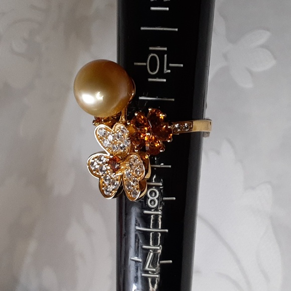 925  Golden South Sea Pearl, Madeira Citrine, White Zircons Ring. 10.5mm FIRM. - Picture 10 of 17
